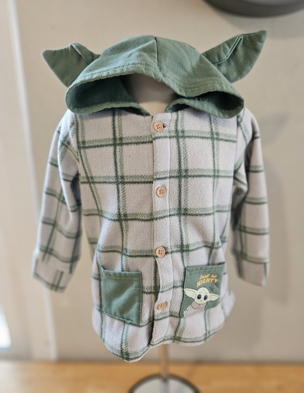 Star Wars Grogu Hooded Fleece Plaid Jacket with Pockets Button 18M Green Gray